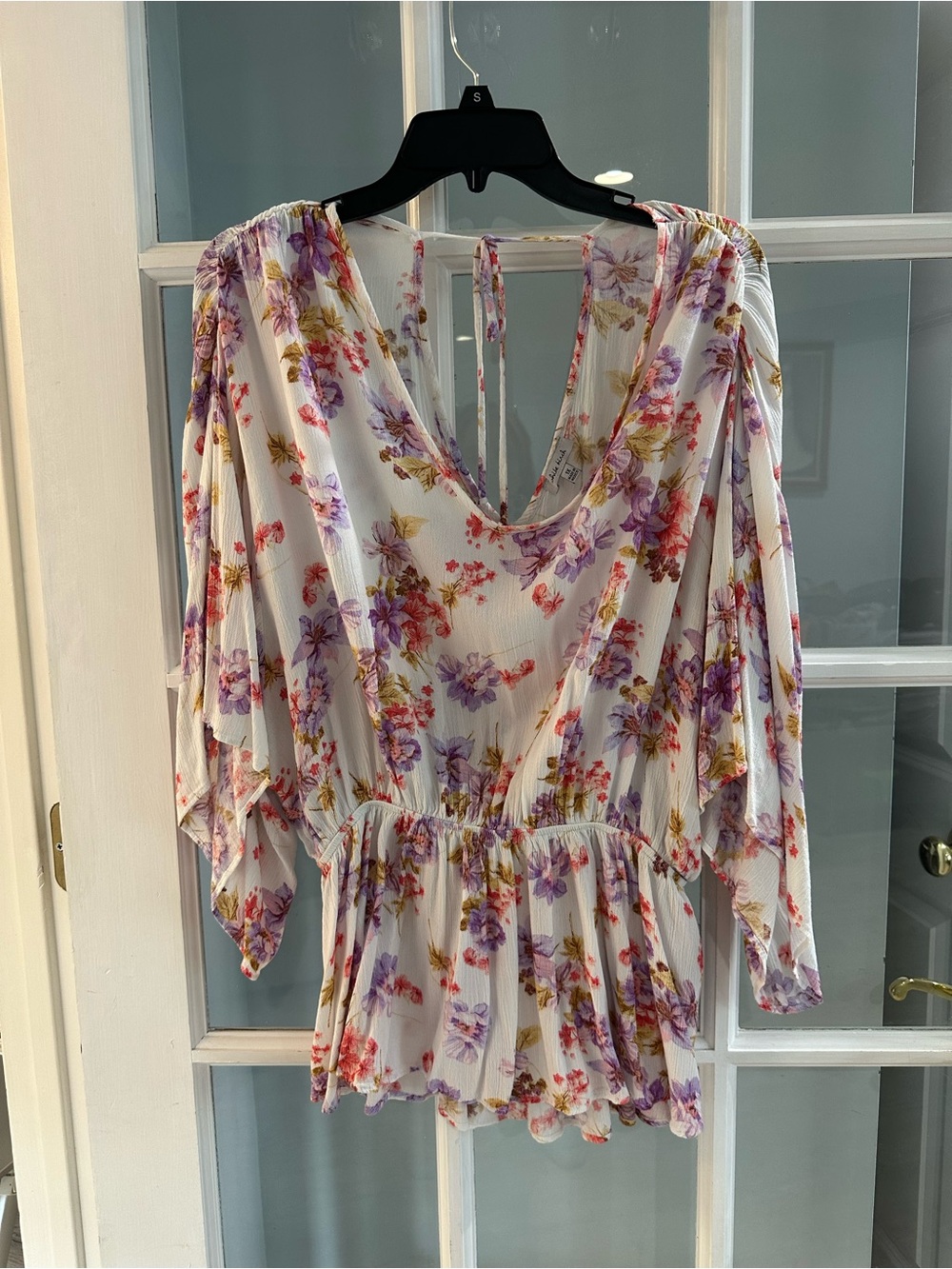 Womens Fairy Milkmaid Floral Peplum Top Size 1X Tie Bow Back Boho Cottagecore
